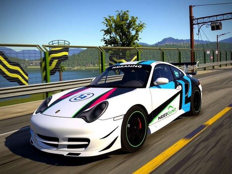 Need for Speed Unbound highly customized car with glowing neon underglow and elaborate wrap in a city garage