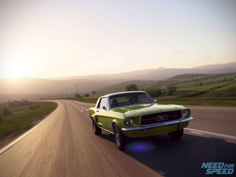 Ford Mustang GT in a dynamic night race scene, neon lights reflecting on its body