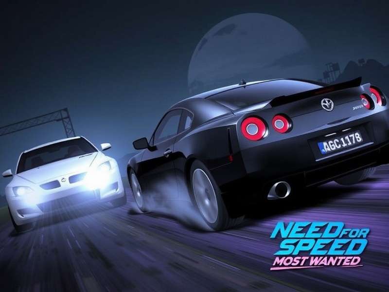 Need for Speed Most Wanted gameplay screenshot showing a BMW M3 GTR racing through Rockport city at night