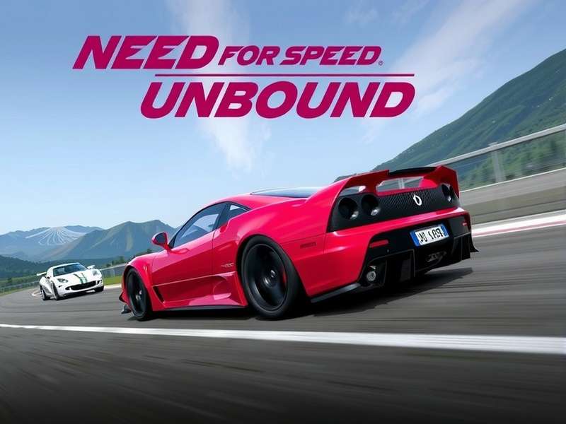 Need For Speed Unbound gameplay screenshot showing street racing in downtown Lakeshore at night with neon lights