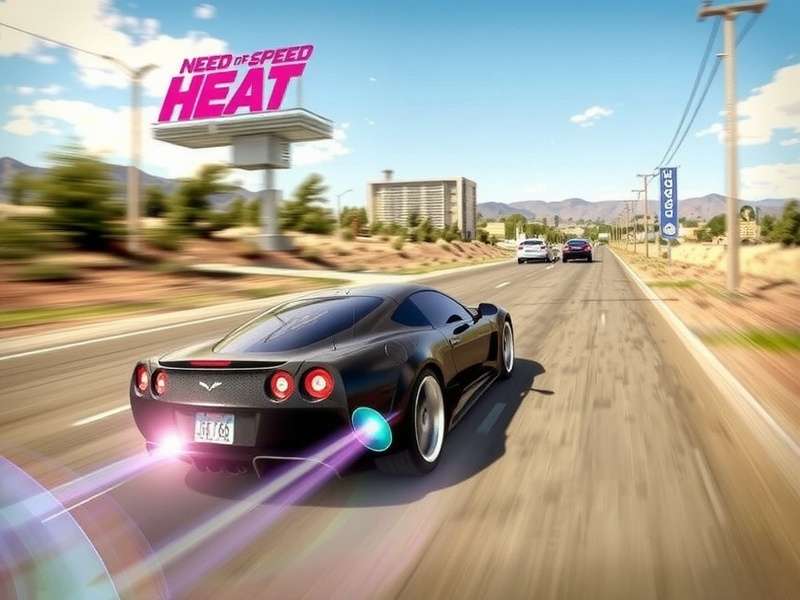 Need For Speed Heat Palm City skyline at sunset with sports cars drifting on the highway